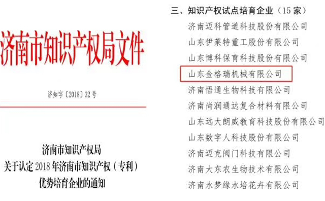 山东午夜精品在线观看机械有限公司为知识产权试点培育企业